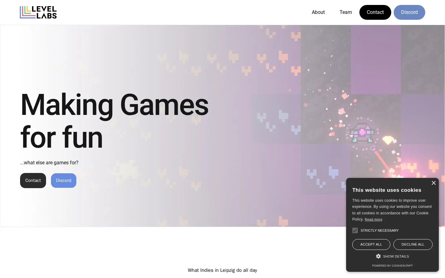 Die alte Website auf Webflow: großer Schriftzug „Making Games for fun“, unten rechts ein Cookie-Banner